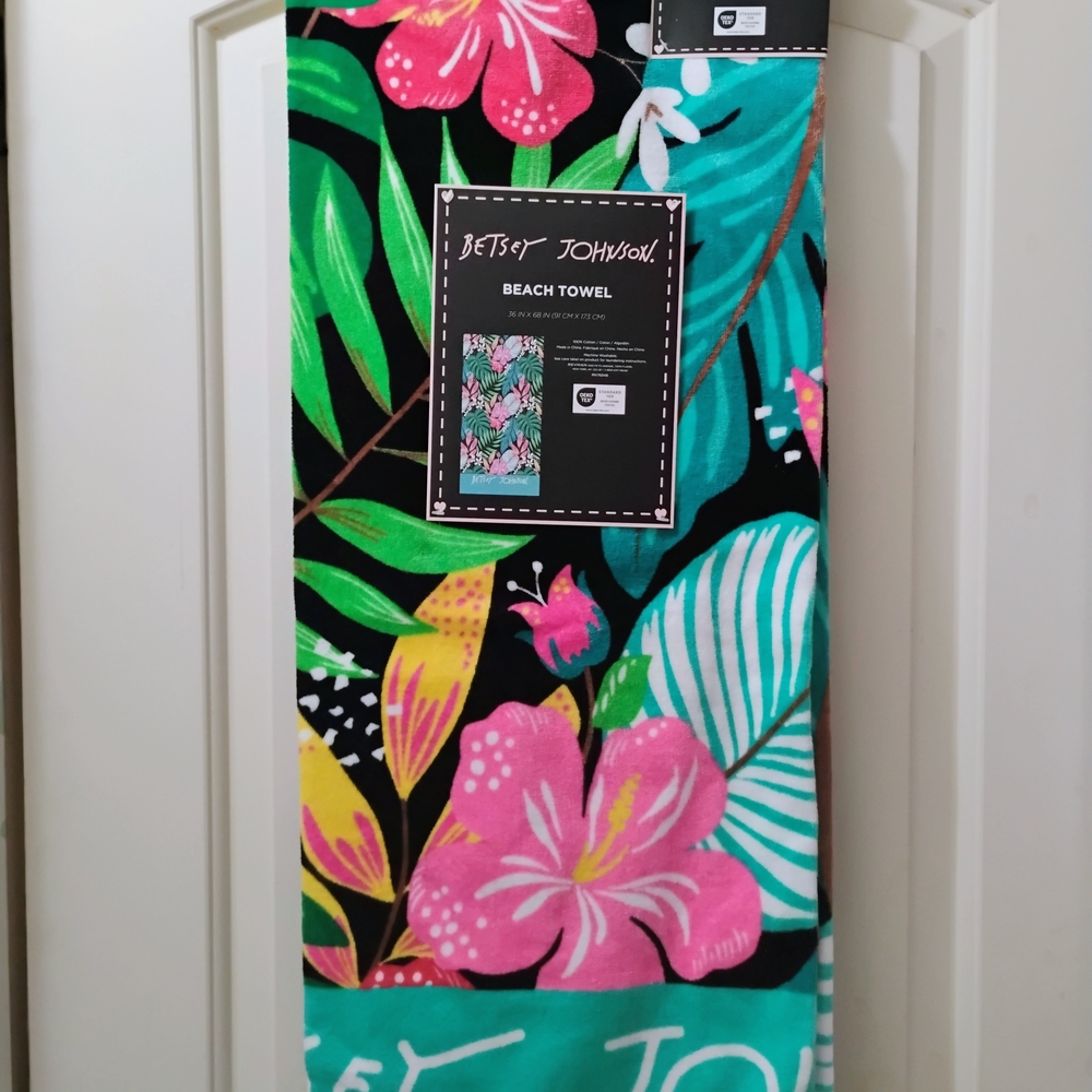 Betsey Johnson Tropical Floral Beach Towel - Teal, Pink & Black